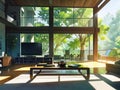 Modern Two-Story Living Room with Sunlit Forest View[GenerativeAI] Royalty Free Stock Photo